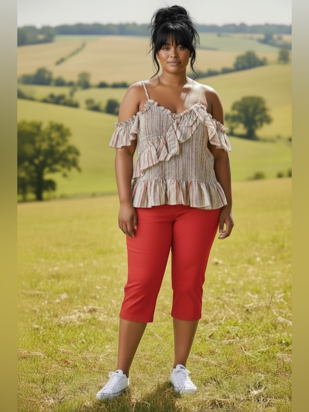 Kaari Blue Striped Ruffle Blouse in Red and Cream PTP 24in